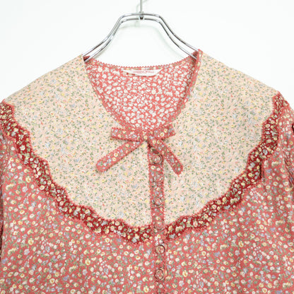 WONDERFUL WORLD カネコイサオ★小花柄 パッチワーク ピコレース リボン 豪華フレア ワンピース テラコッタ系＊z23044