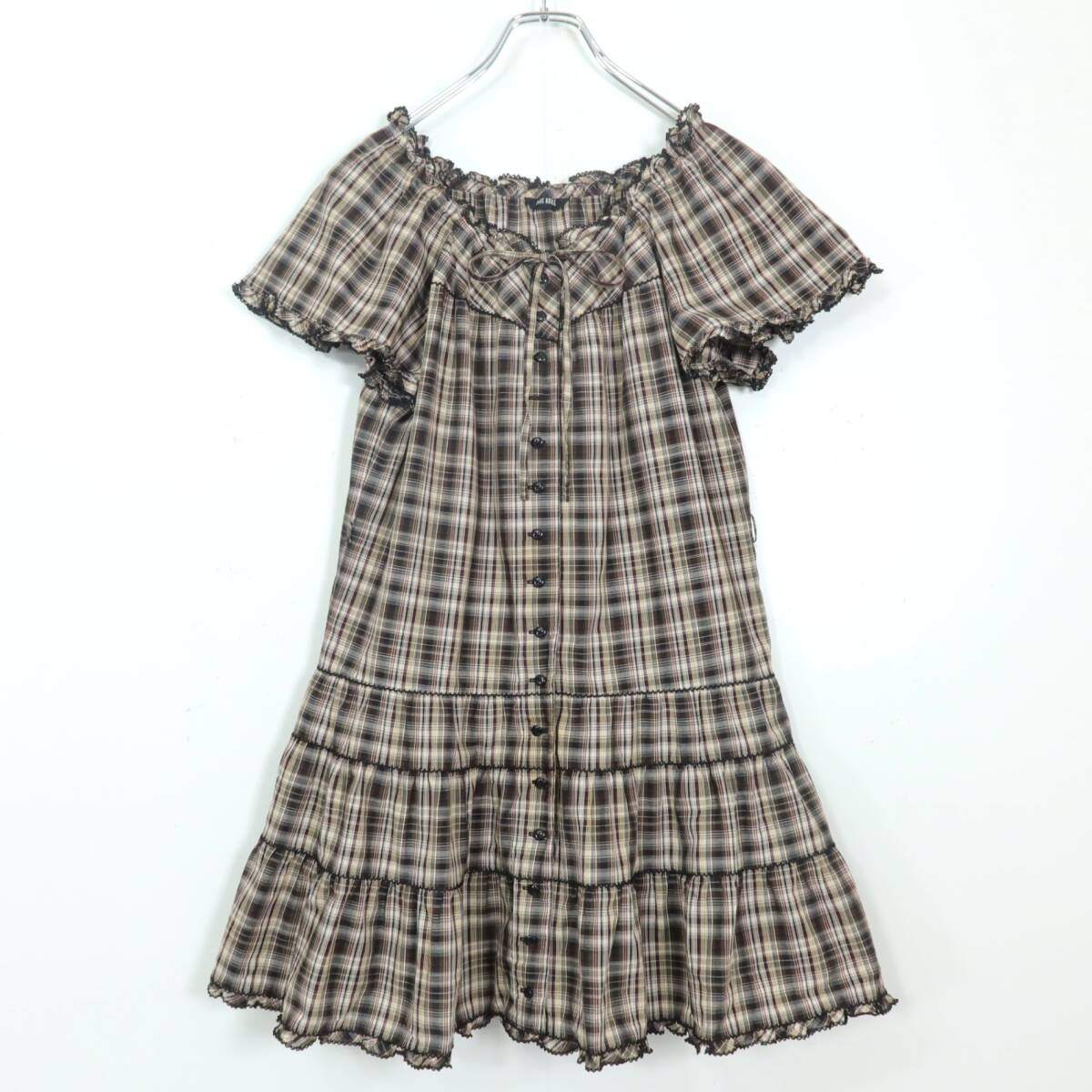 【美品】ピンクハウス★オリチェpt♪ローン チュニックブラウス 茶系 前開き フリル♪薄手 z19864