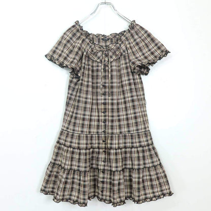 【美品】ピンクハウス★オリチェpt♪ローン チュニックブラウス 茶系 前開き フリル♪薄手 z19864
