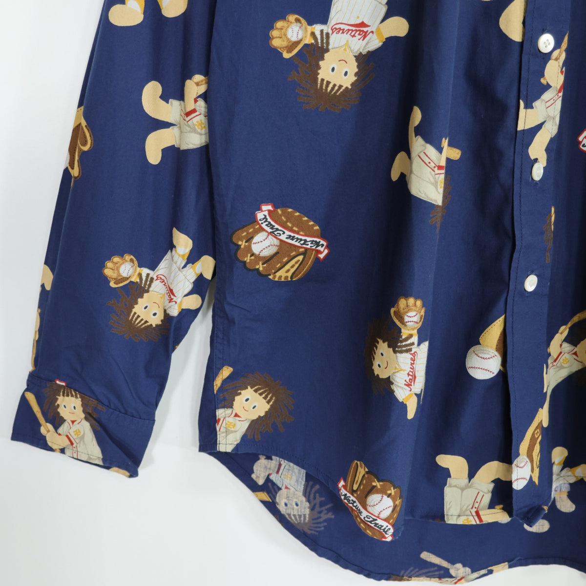 【美品】ネイチャートレイル ピンクハウス★野球・ベースボール柄が可愛い♪ 長袖シャツ メンズサイズS 紺系 z21408