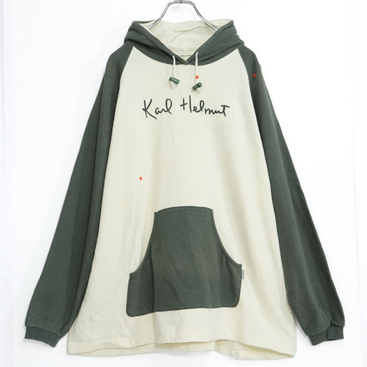 カールヘルム ピンクハウス★配色デザイン♪長袖フーディパーカ トレーナー 大きいサイズL アイボリー×緑 無地 z22453