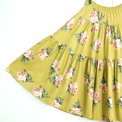 インゲボルグ★薔薇pt♪ティアードスカート カットソー素材 黄緑系 ウエストお直し跡有 z21954