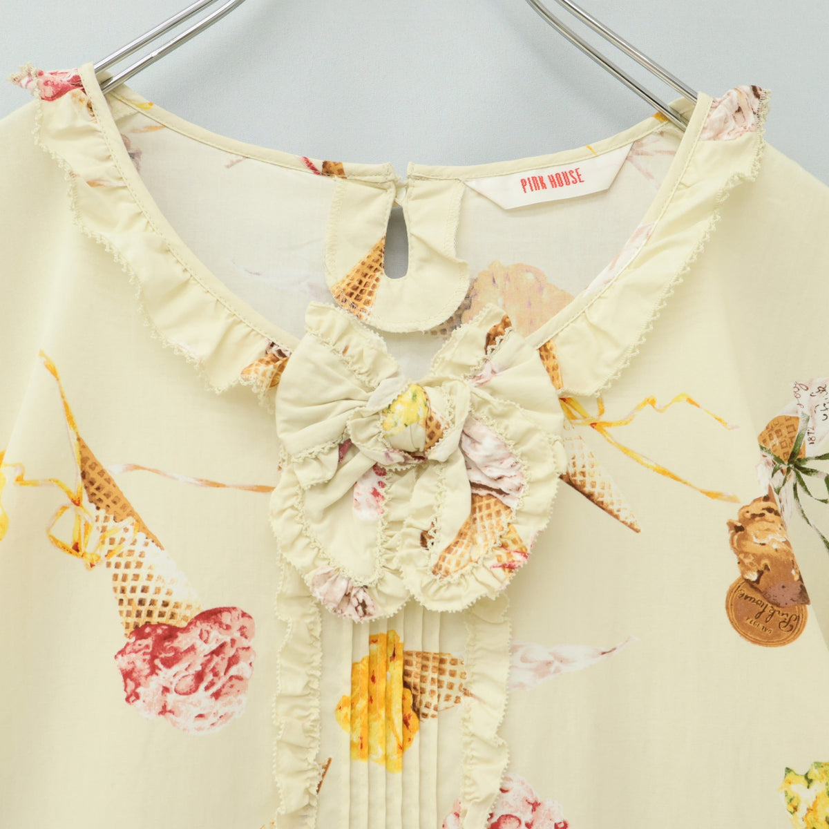 【美品】ピンクハウス★アイスクリームpt♪ふんわり半袖ワンピース 薄黄色系 フリル&リボン♪薄手 z23281