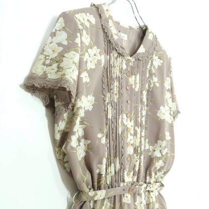 【美品】インゲボルグ★上品！レースフリル使い♪花柄ワンピース 半袖 薄茶系 残布有 薄手 ＊z20067