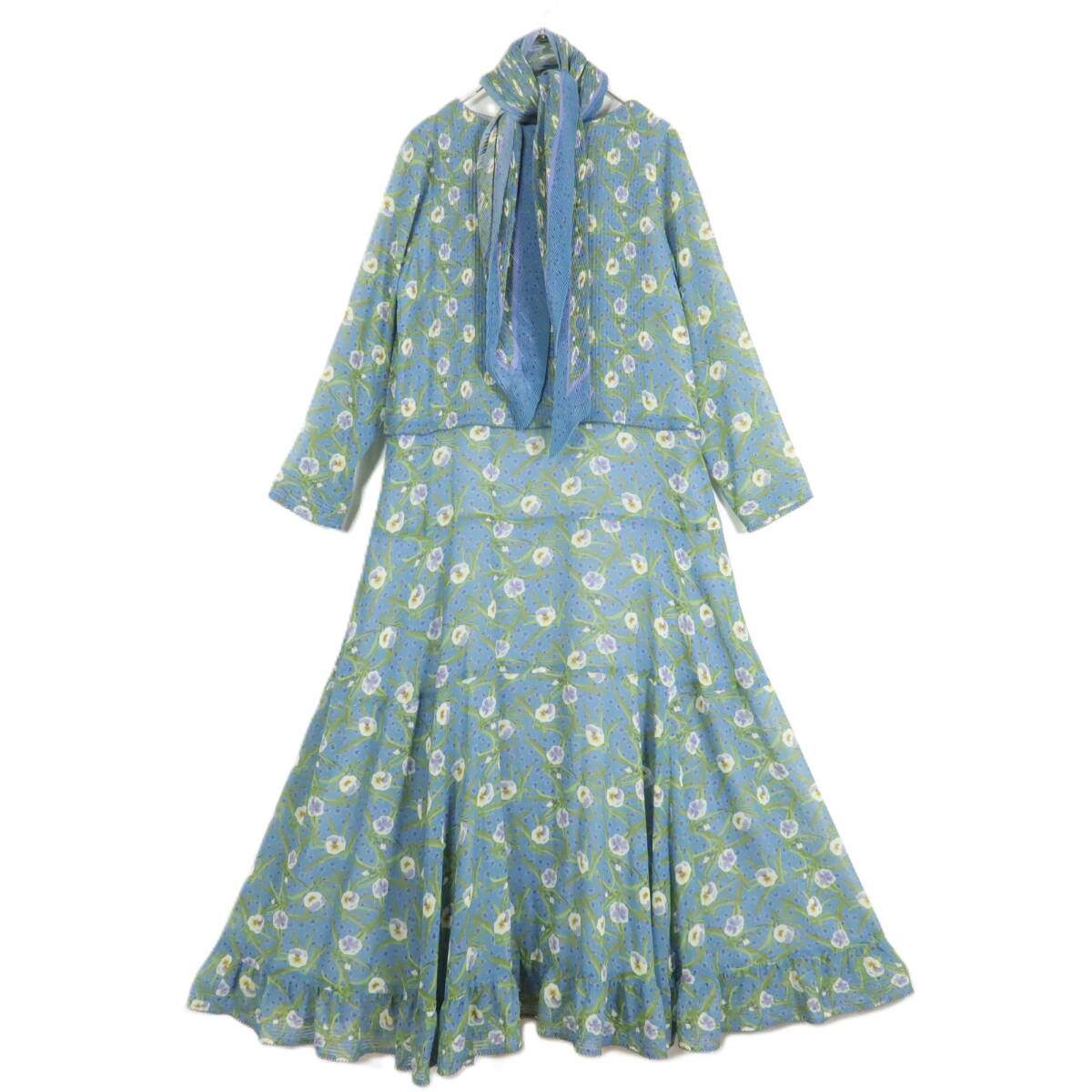 【極美品】インゲボルグ★二点セット！花柄シフォンワンピース&ショール サイズ9号 青系 ゆったり♪残布有 z18010