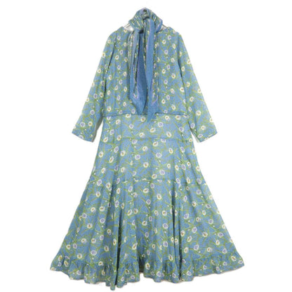 【極美品】インゲボルグ★二点セット！花柄シフォンワンピース&ショール サイズ9号 青系 ゆったり♪残布有 z18010