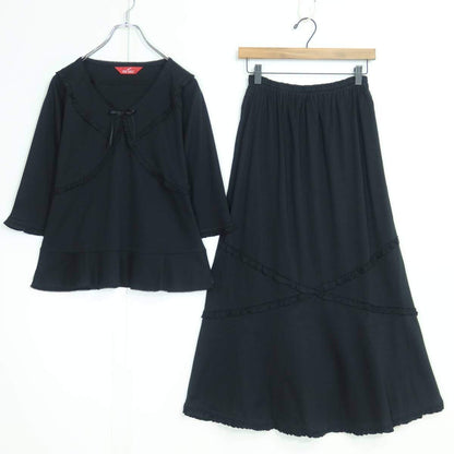 【美品】ピンクハウス★上下セット 重ね着風カットソー&ギャザースカート 大きいサイズL 黒系 フリル&リボン♪無地 z19859