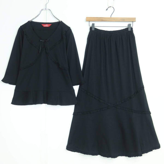 【美品】ピンクハウス★上下セット 重ね着風カットソー&ギャザースカート 大きいサイズL 黒系 フリル&リボン♪無地 z19859