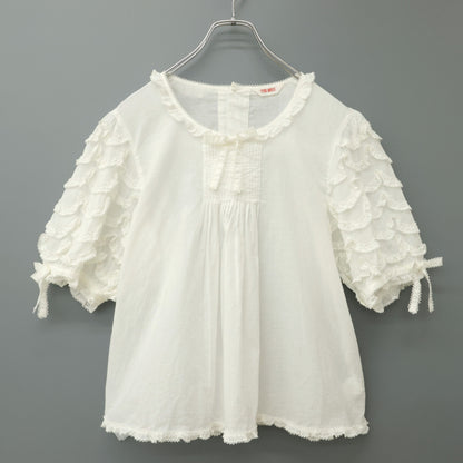 【美品】ピンクハウス★爽やかで上品な五分袖ブラウス♪綿ローン 袖段々フリル ピンタック 白系 z23178