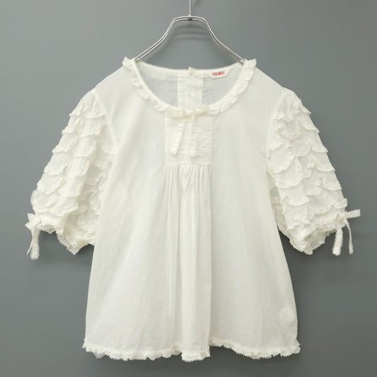 【美品】ピンクハウス★爽やかで上品な五分袖ブラウス♪綿ローン 袖段々フリル ピンタック 白系 z23178