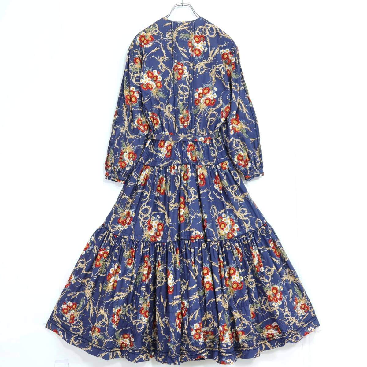 【美品】ピンクハウス★リボン付き♪ブーケ柄長袖ワンピース ネイビー系 前開き 薄手z20951