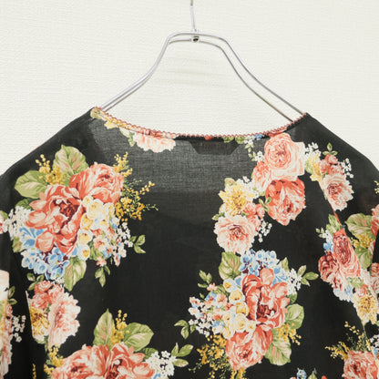 ピンクハウス★薔薇pt♪半袖ローンワンピース 黒系 ふんわり♪カラフル刺繍&リボン z23190