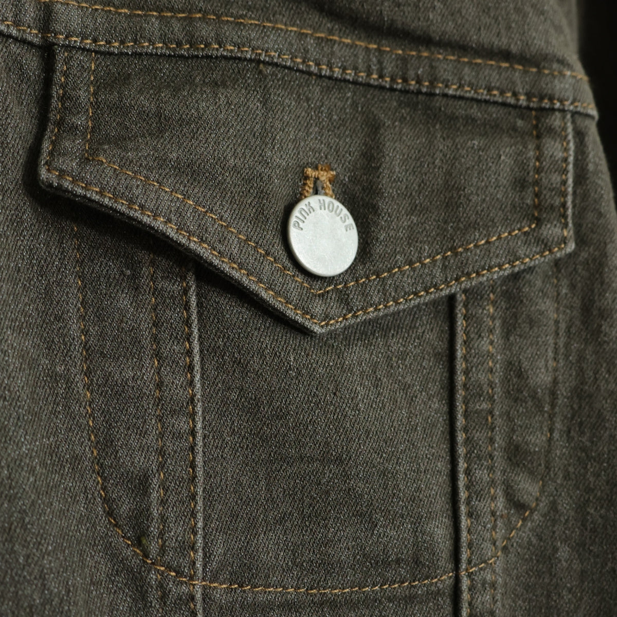 【美品】ピンクハウス★ひなぎくワッペン♪デニムジャケット ノーカラー 大きいサイズL チャコールグレー系 前開き 無地 z21851