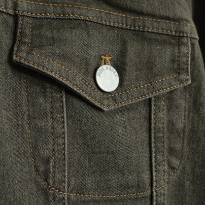 【美品】ピンクハウス★ひなぎくワッペン♪デニムジャケット ノーカラー 大きいサイズL チャコールグレー系 前開き 無地 z21851