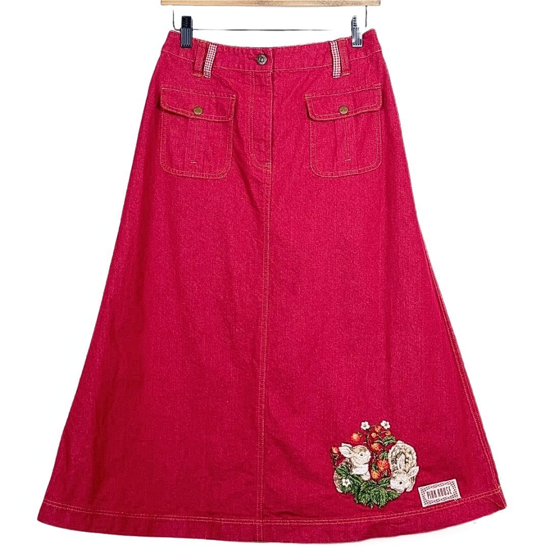【美品】ピンクハウス★ラビット刺しゅう　デニムスカート サイズ3(M) 赤系 ウサギの刺しゅうがキュート！ z10965