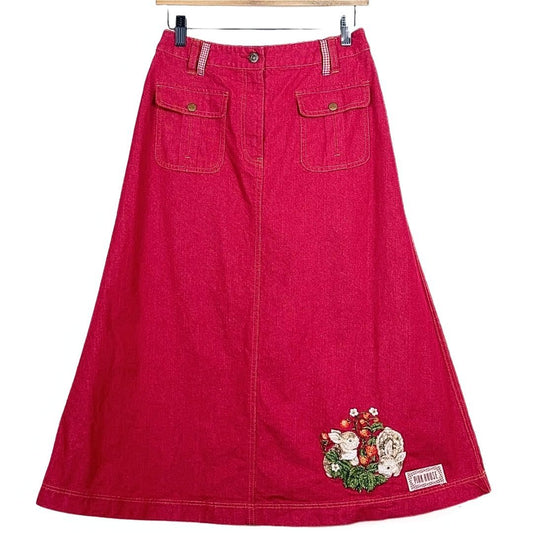 【美品】ピンクハウス★ラビット刺しゅう　デニムスカート サイズ3(M) 赤系 ウサギの刺しゅうがキュート！ z10965