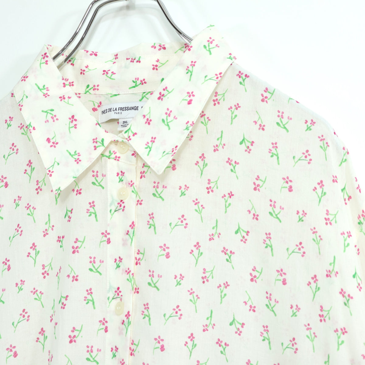 【美品】ユニクロ×イネス★長袖シャツ 花柄 大きいサイズ3XL オフ白系 薄手 z22874