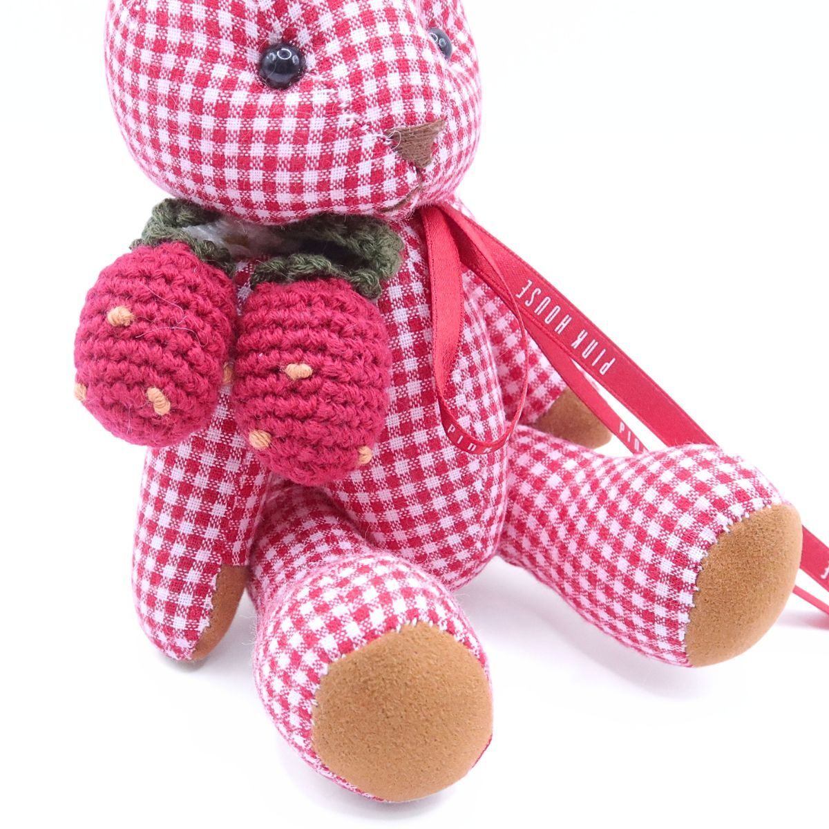 【美品】ピンクハウス★可愛い！ギンガムうさぎ 苺編みモチーフ コサージュ　赤系　＊ko109