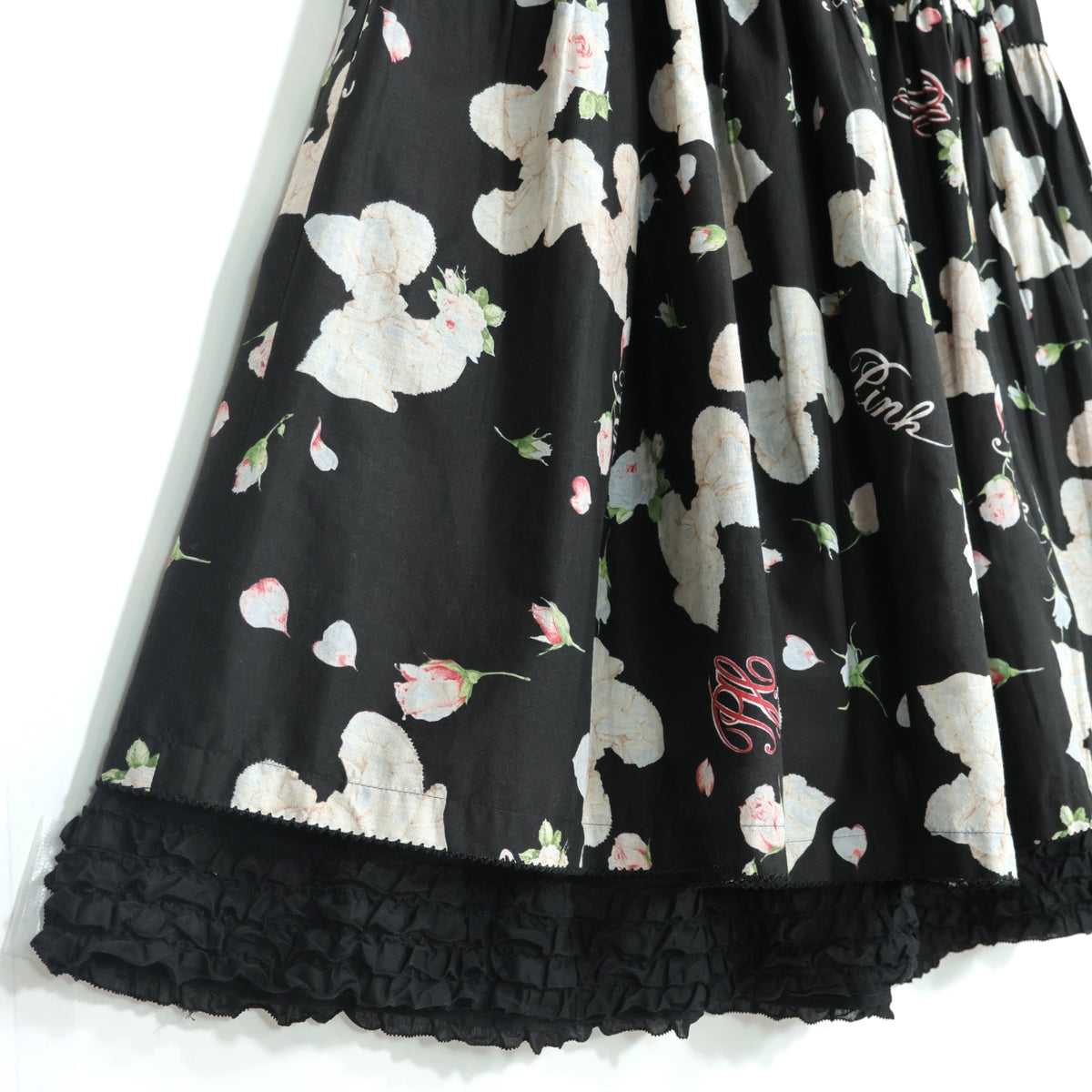 【美品】ピンクハウス★リボン&薔薇pt♪ローンギャザースカート 黒系 段々フリルがちら見え♪薄手 z22519