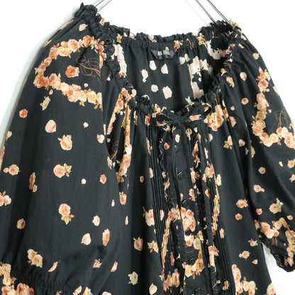 ピンクハウス★大人可愛いハートモチーフ♪薔薇柄 綿ローン リボン付き 半袖ブラウス 黒系 z22923