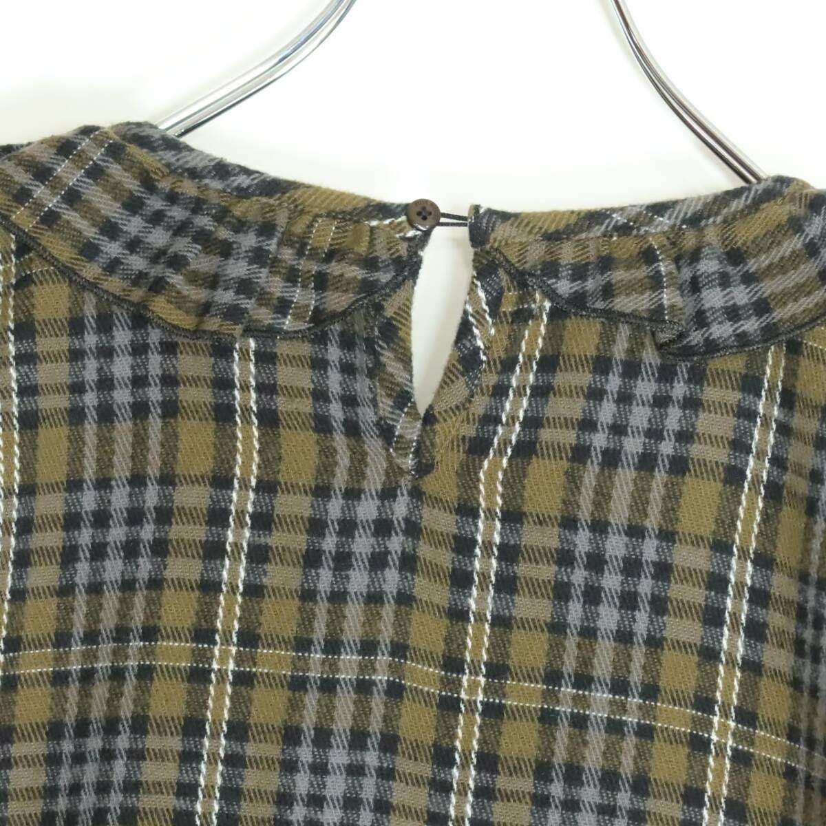 【美品】ピンクハウス ★可愛い！チェック柄ワンピース  長袖 ネル フリル襟 ゆったり フォルム　緑 グレー系＊ z15094