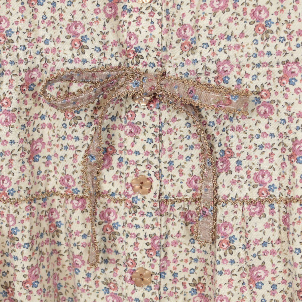 【美品】ピンクハウス★フェミニン！小花柄の長袖ブラウス チュニック 編み込みコード付き♪薄手 春夏 ベージュ系 z8537