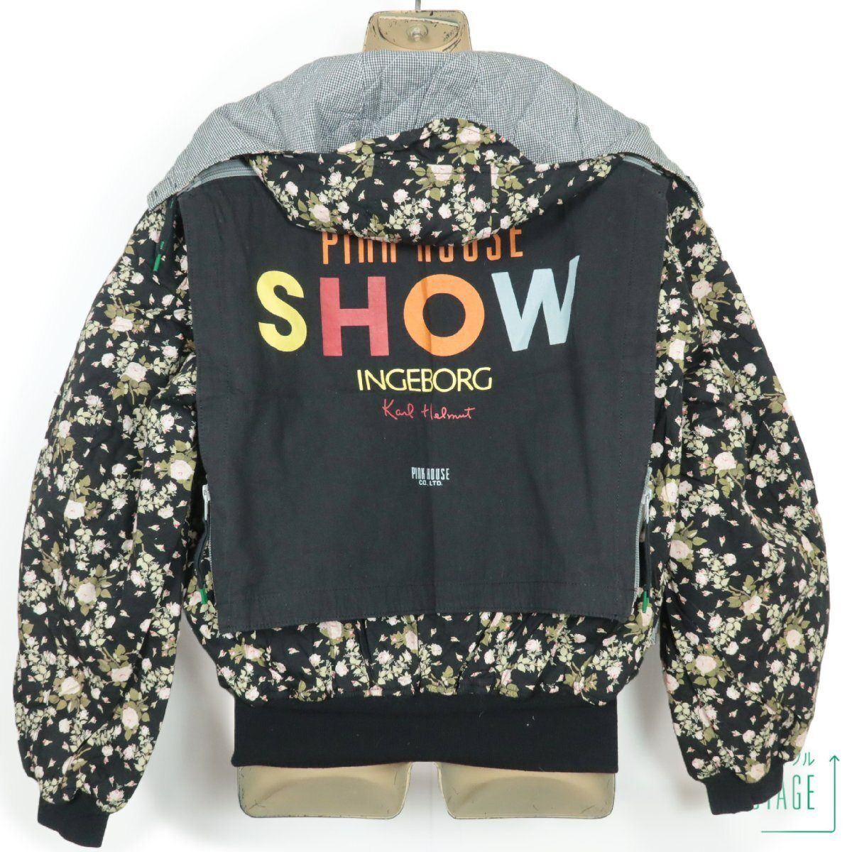 【美品】ピンクハウス★ジップアップブルゾン 黒系 ゼッケン付き！中綿入りキルティング♪フード付き♪ギンガムチェック♪ローズ柄 z10649s