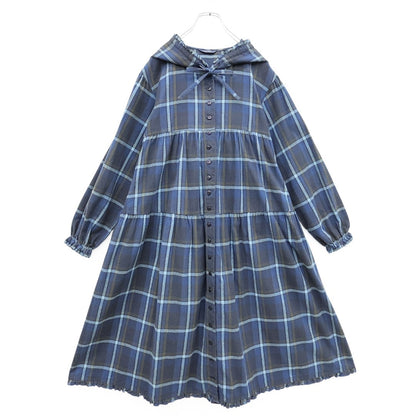 【美品】ピンクハウス★ふんわりあったか♪ネル素材の長袖フーディワンピース 前開き 紺系 オリチェ柄♪z23536