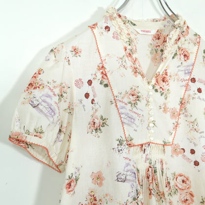 【美品】ピンクハウス★薔薇&エアメールpt♪半袖ミニワンピース エクリュ系 フリル&ピコレース♪薄手 z22548