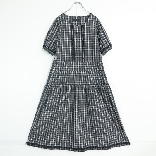 【美品】ピンクハウス★ふんわりフォルム♪オリチェptワンピース 黒系 黒レース付き♪z22398