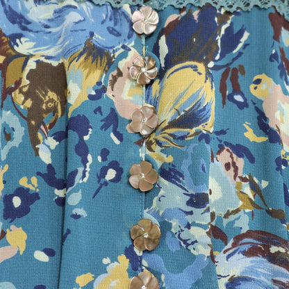 インゲボルグ★はしごレース&ベロアリボン♪花柄シフォンワンピース サイズ9 青緑系 薄手 z22247