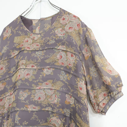 カネコイサオ★花柄シフォンのプリーツワンピース 薄紫系 薄手 z22397