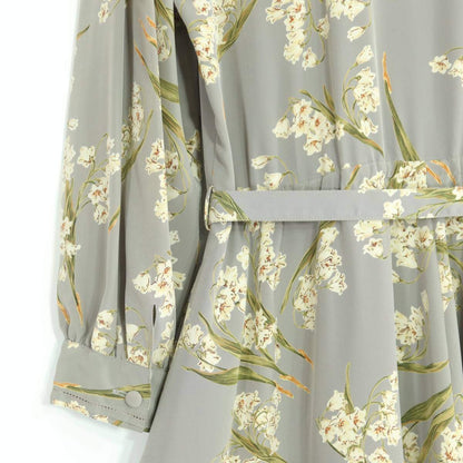 インゲボルグ★セーラー襟の七分袖ワンピース グレー系 はしごレース&ボウタイ付♪花柄 薄手 z19623