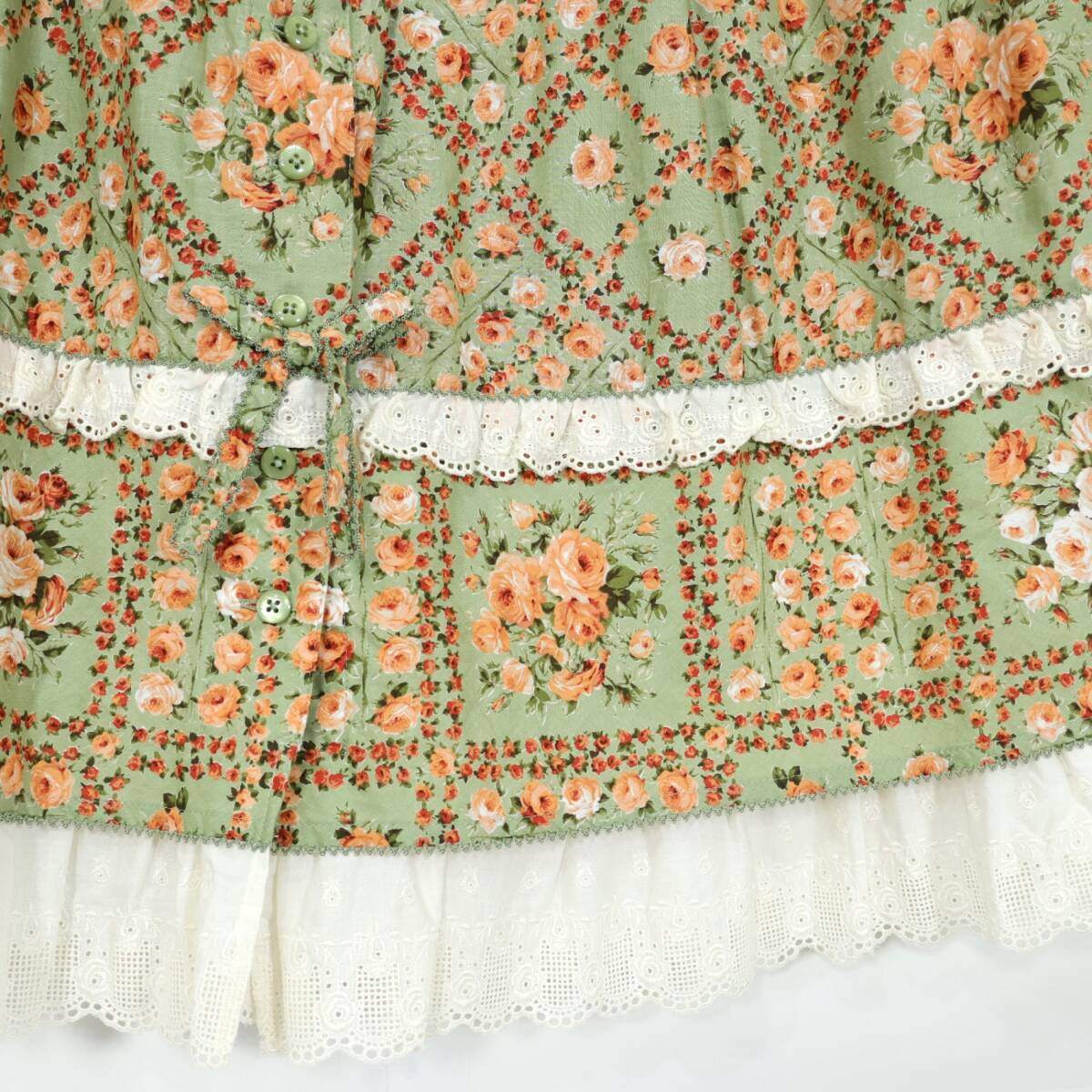 【新品タグ付】ピンクハウス★小薔薇が素敵♪ ティアード 前開き 刺繍レース 綿ローンスカート 緑系 z21323