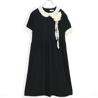 【美品】ピンクハウス★段々レース&リボン♪半袖ワンピース 黒系 ふんわりフォルム♪無地 薄手 z23039