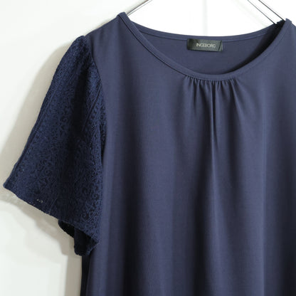 【美品】インゲボルグ★シックで可愛い♪ 編み風レース切替セットアップ 半袖ブラウス ティアード スカート サイズ9号 濃紺系 z23091