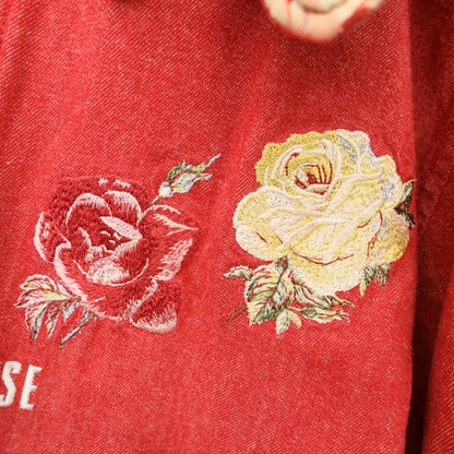 ピンクハウス★豪華な薔薇刺しゅう♪ゼッケンデザイン 中綿 フード付き デニムブルゾン 赤系 z23509