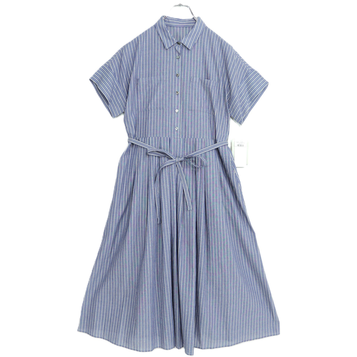 【極美品・紙タグ有】レリアン★涼しげストライプ♪上品なコットンワンピース サイズ7号 紺系 ペチ付 残布有 z22715