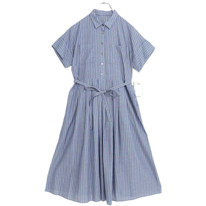 【極美品・紙タグ有】レリアン★涼しげストライプ♪上品なコットンワンピース サイズ7号 紺系 ペチ付 残布有 z22715