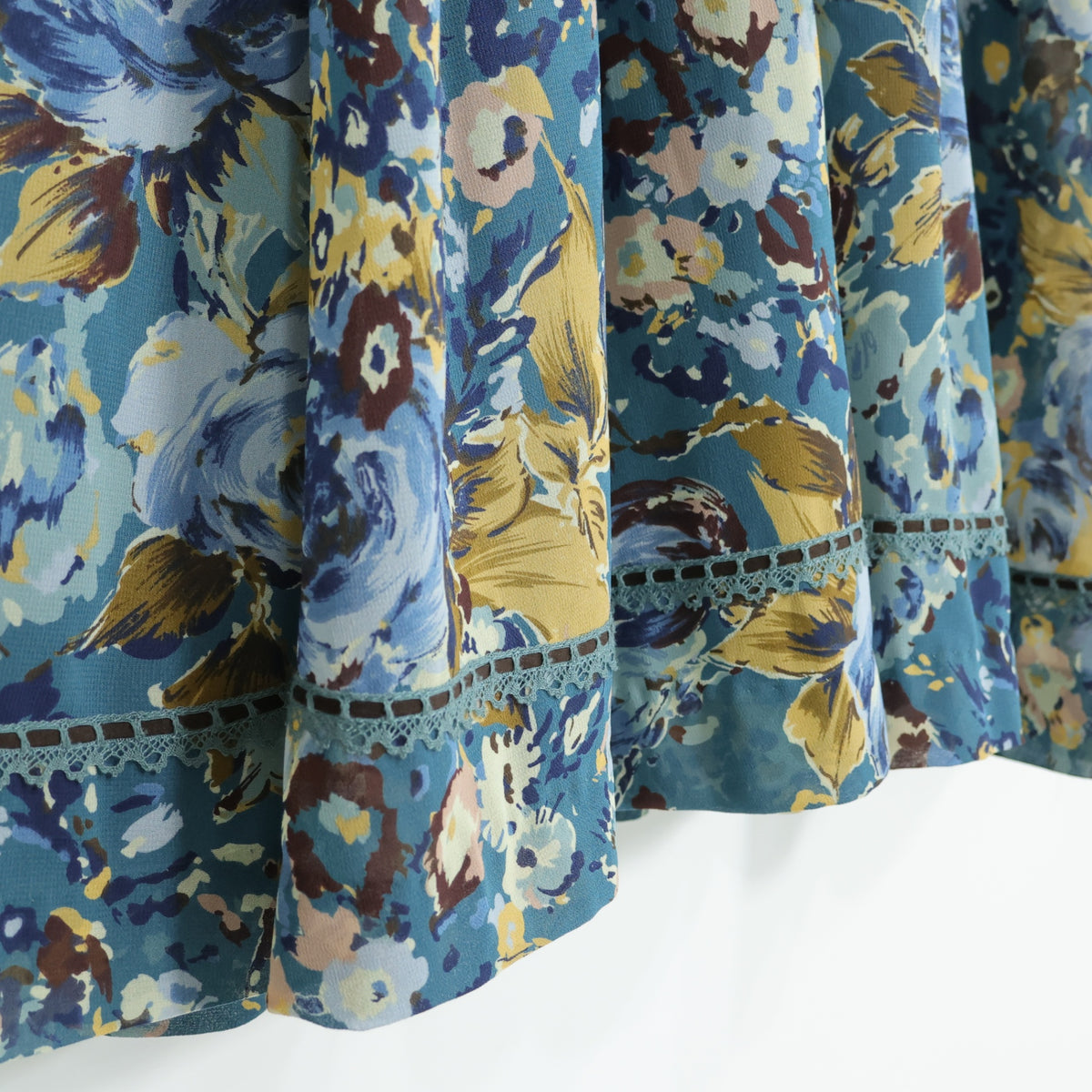 インゲボルグ★はしごレース&ベロアリボン♪花柄シフォンワンピース サイズ9 青緑系 薄手 z22247
