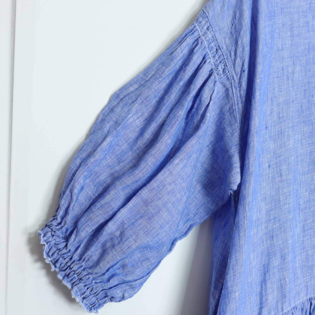 【美品】ネストローブ nest Robe★バルーンスリーブ 麻100 リネンシャツワンピース サイズF ブルー系 薄手 無地 *z19321