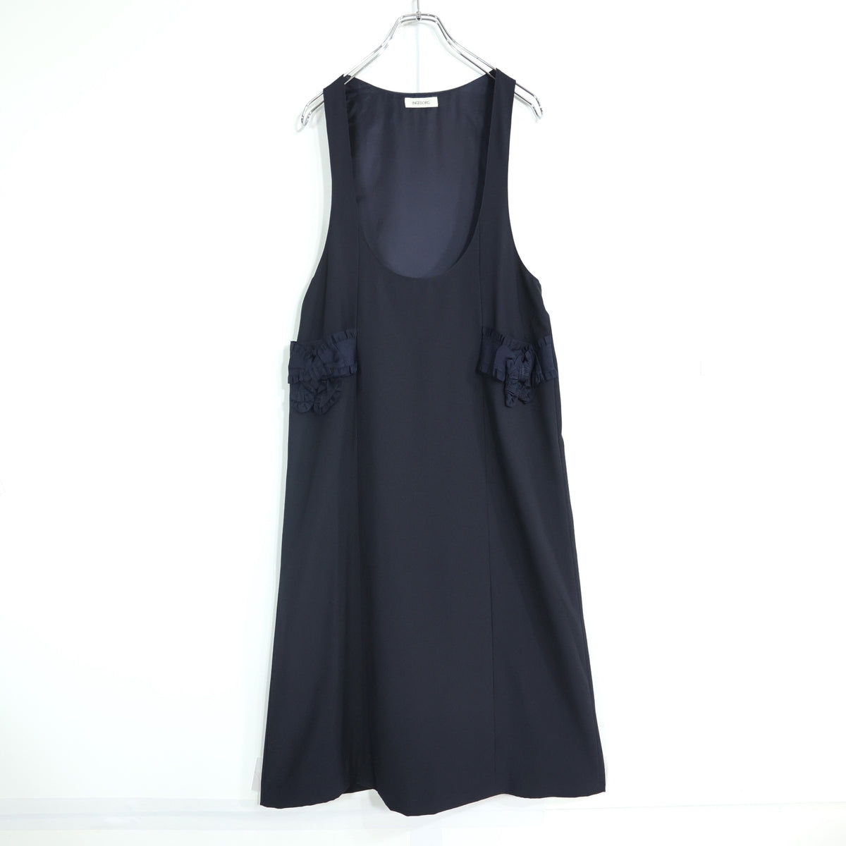 【美品】インゲボルグ★リボンモチーフ♪ジャンパースカート 濃紺系 無地 薄手 z22413