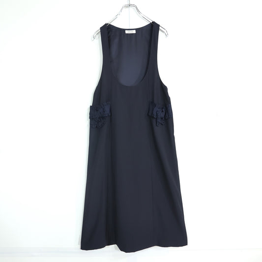 【美品】インゲボルグ★リボンモチーフ♪ジャンパースカート 濃紺系 無地 薄手 z22413