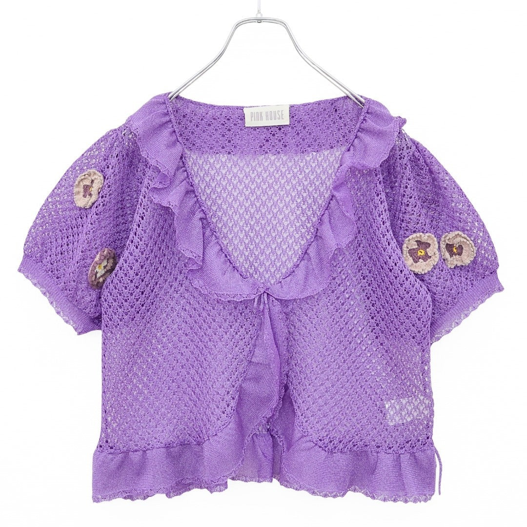 【美品】ピンクハウス★パンジーモチーフ♪透かし編みレースボレロ ラベンダー系 フリル&リボン♪2025年 z23549