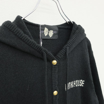 【新品タグ付】ピンクハウス★ロゴ刺繍&ゴールドボタン♪フード付きロングニットカーディガン 黒系 前開き z23520