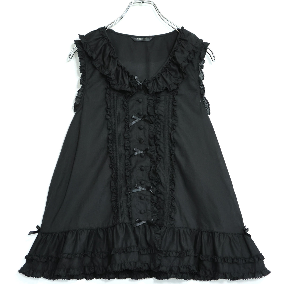 【美品】ピンクハウス★サテンリボンいっぱい♪ノースリーブローンブラウス 黒系 前開き 2023年製！薄手 z22173