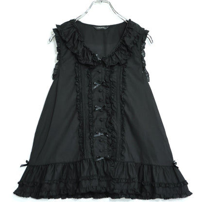 【美品】ピンクハウス★サテンリボンいっぱい♪ノースリーブローンブラウス 黒系 前開き 2023年製！薄手 z22173