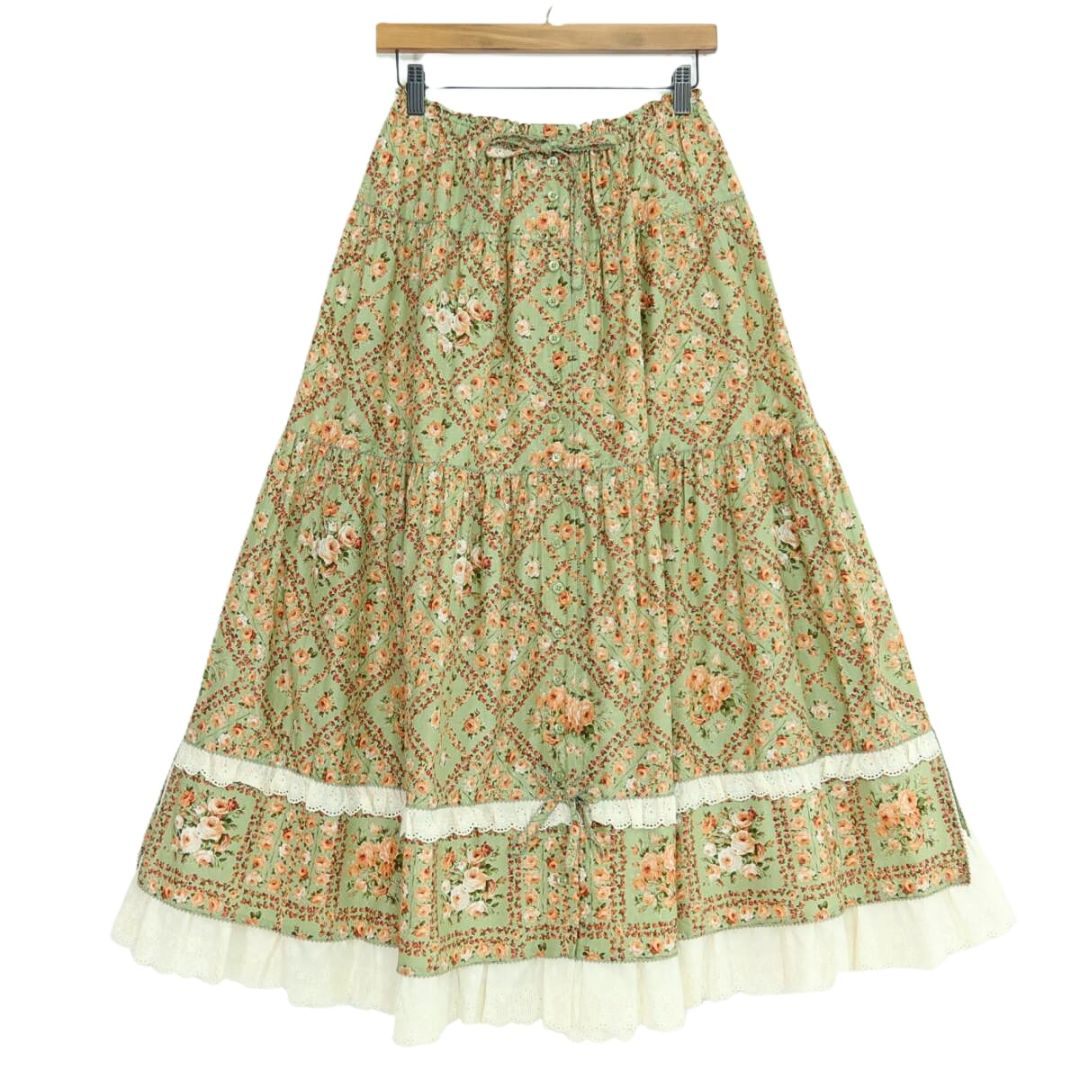 【美品】ピンクハウス★アンティーク調♪薔薇格子柄 ギャザースカート リボン＆レース使い ミントグリーン系＊z20034