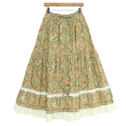 【美品】ピンクハウス★アンティーク調♪薔薇格子柄 ギャザースカート リボン＆レース使い ミントグリーン系＊z20034