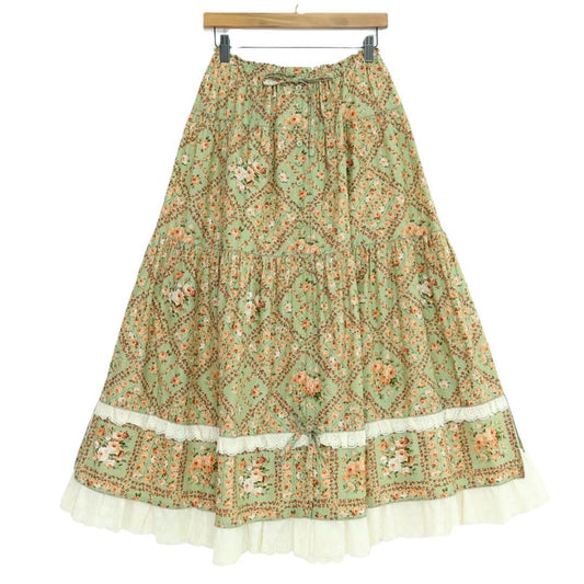 【美品】ピンクハウス★アンティーク調♪薔薇格子柄 ギャザースカート リボン＆レース使い ミントグリーン系＊z20034